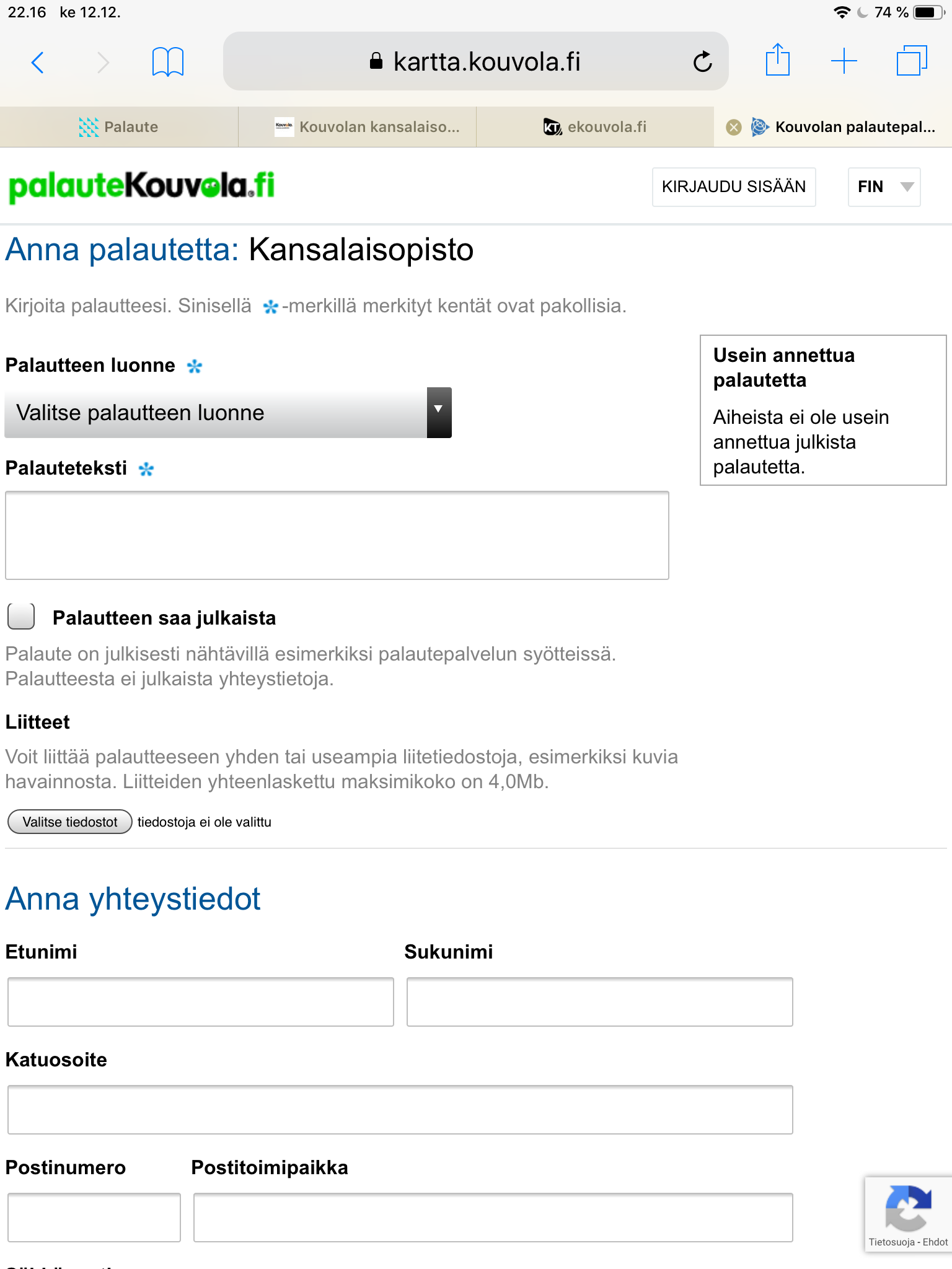 Kuvakaappaus Kouvolan kaupungin palautesivustosta.