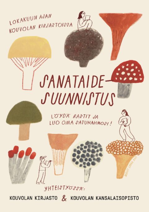 Sanataidepajajuliste, jossa piirrettynä sieniä ja suunnistavia hahmoja